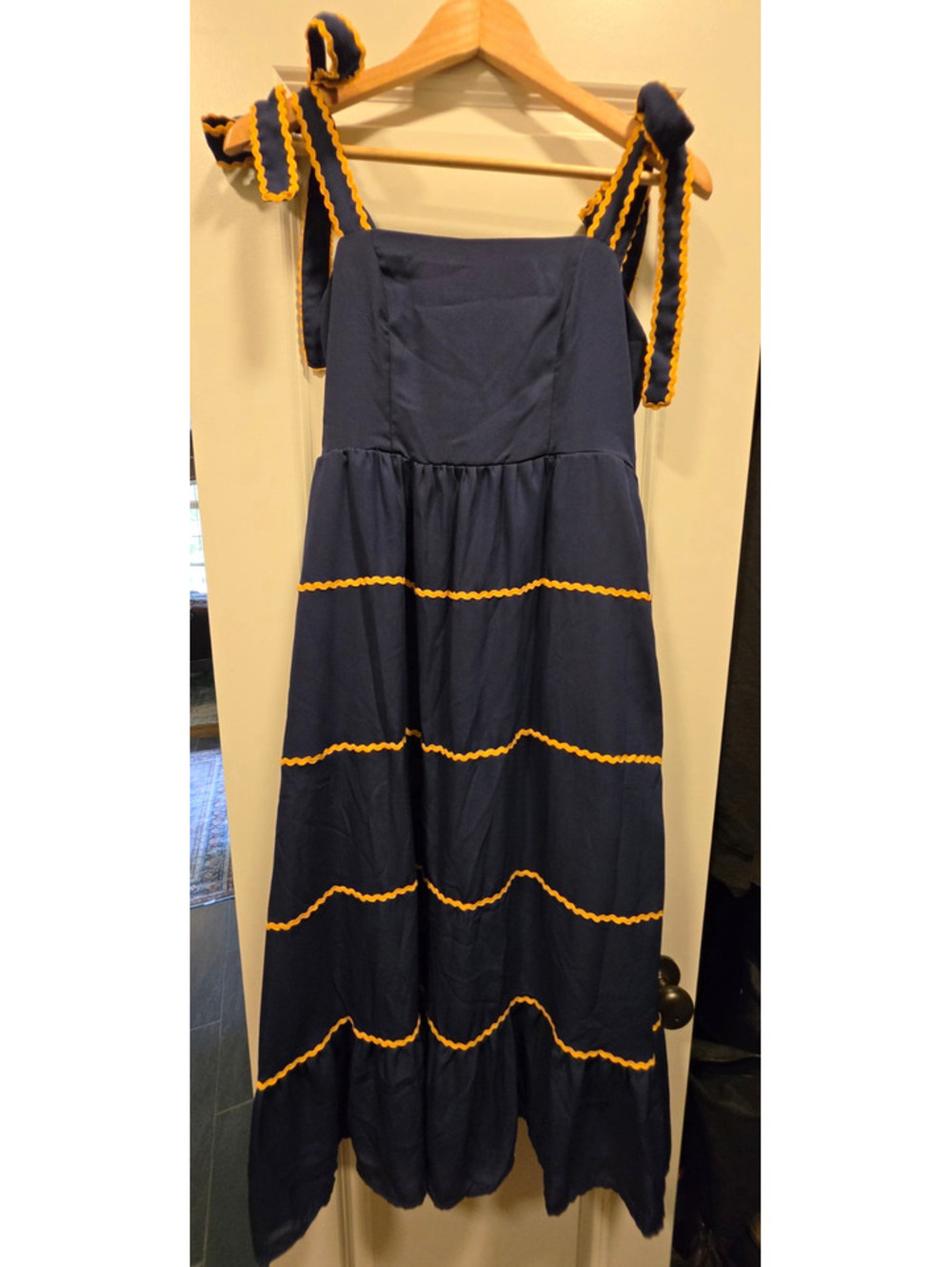 TCEC Navy Blue Solid Maxi Dress Yellow Ric Rac Trim Tie Straps Square Neck S